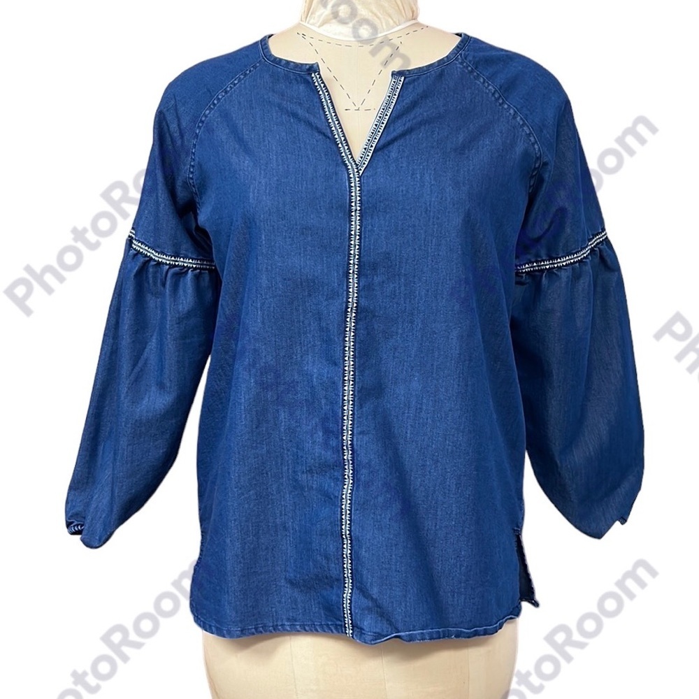august silk | Chambray Peasant Blouse in Denim Aztec Detail Bubble‎ Sleeve M